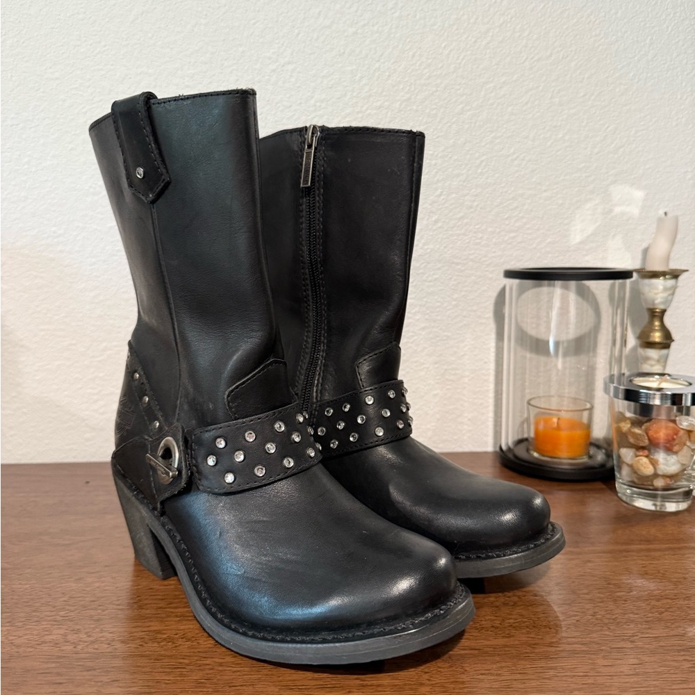 Harley Davidson Studded Black Leather Ankle Boots